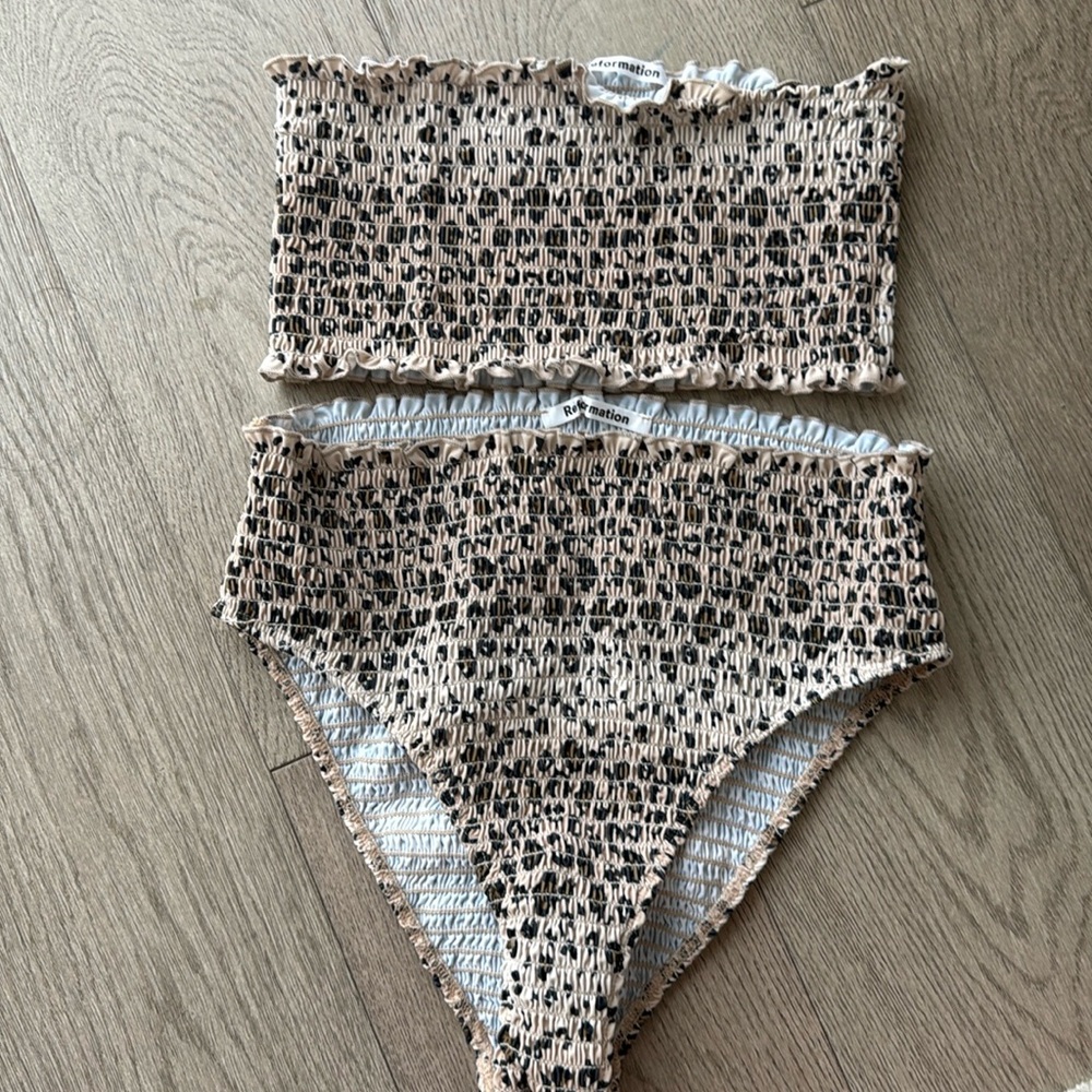 Reformation Tide Leopard Smocked Bikini